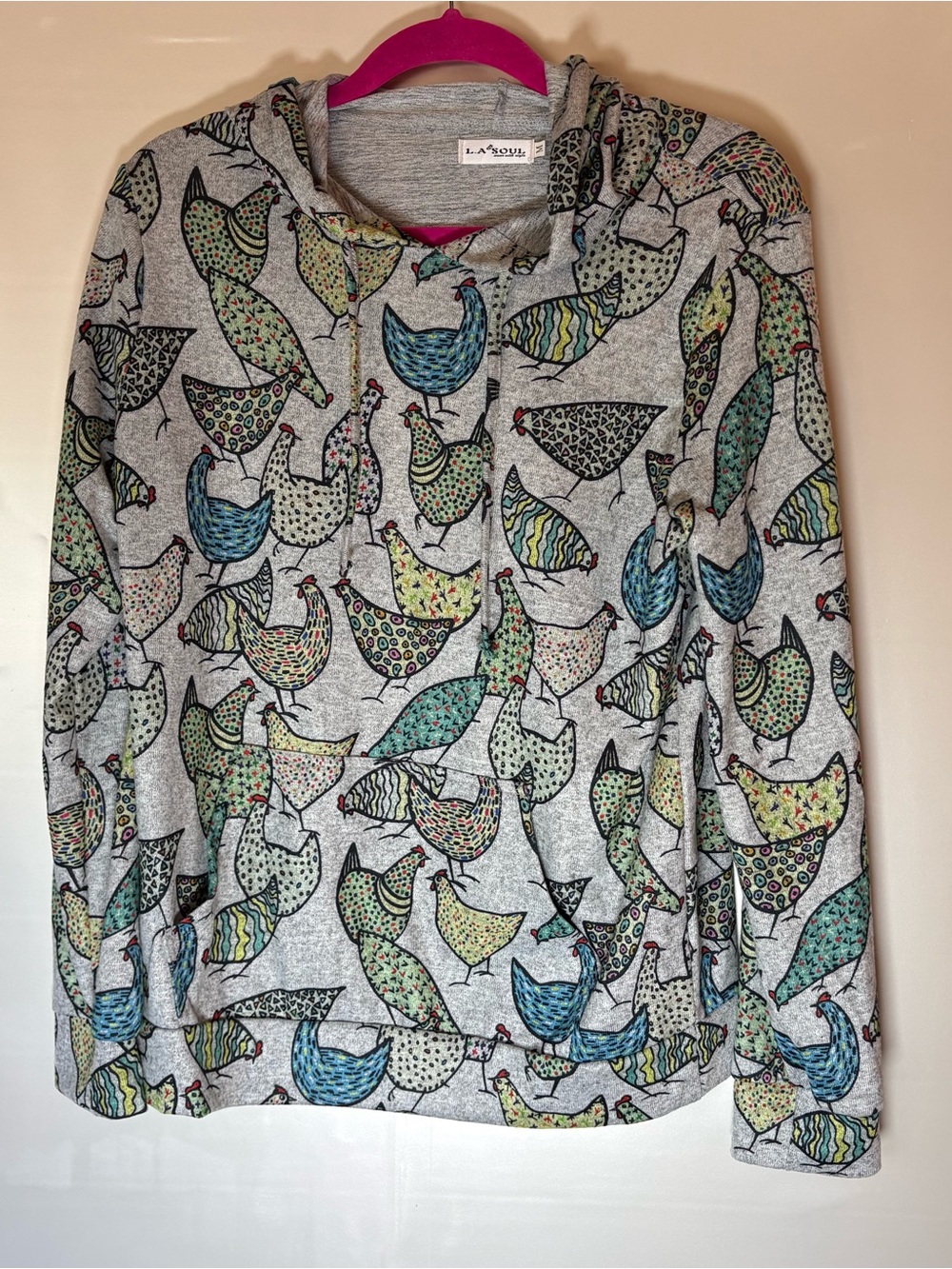 L.A. Soul Playful Chickens greens blues Print Hooded Sweatshirt